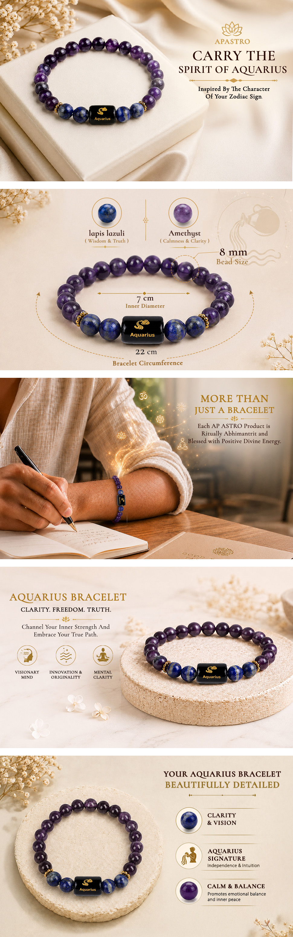Aquarius Zodiac Amethyst & Hematite Bracelet - detail 1