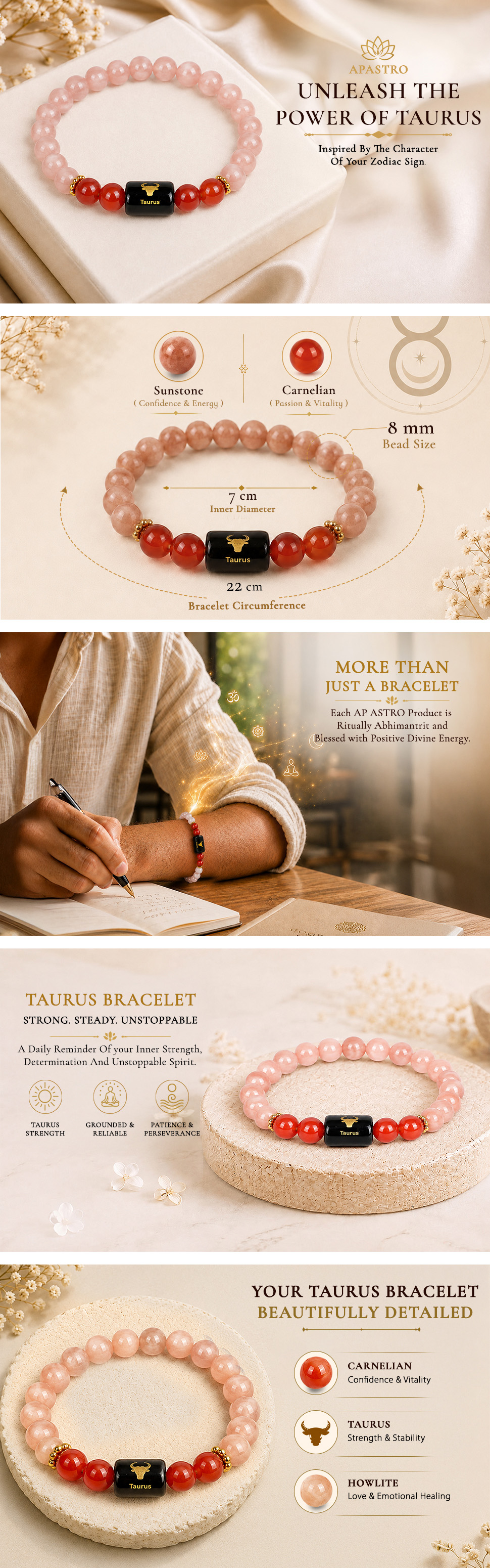 Taurus Zodiac Sunstone & Carnelian Bracelet - detail 1